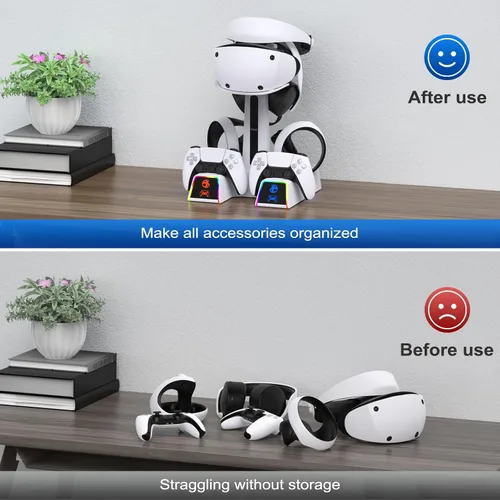 Vista 6 de Estación de carga RGB para PSVR 2/PS5 Edge/controlador PS5 con adaptador de CA, soporte PSVR2 con accesorios PS VR2 para auriculares PS5VR2
