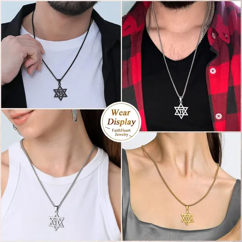Vista 9 de FaithHeart David of Star Collar para hombres y mujeres, collar con colgante de estrella judía, acero inoxidable, amuleto hebreo, caja de regalo