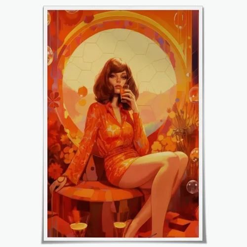 Vista 24 de WLZWD Retro Funky 70s style woman at a Party art Print Cocktails Disco Ball Wall Art Vintage Trendy Female Portrait Art Poster Warm Colour Palette