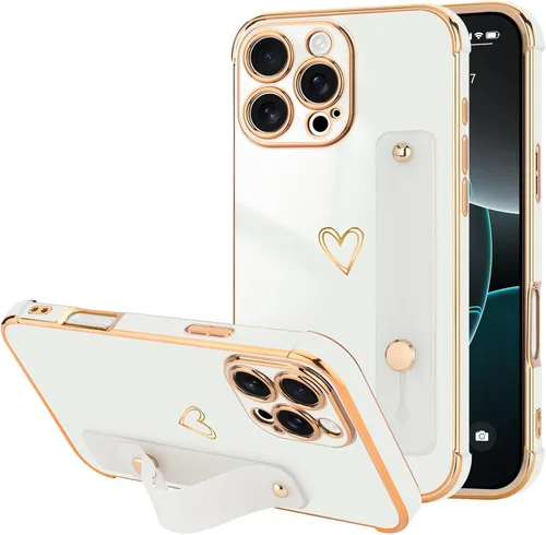 Vista 70 de LLZ.COQUE Funda compatible con iPhone 12 para mujeres y niñas, parachoques chapado de lujo con bonito diseño de corazón de amor, soporte de correa