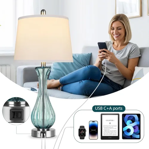 Vista 3 de Juego de 2 lámparas de mesa de cristal costero de 27.5 pulgadas, regulables de 3 vías, lámpara de playa con control táctil completo con puerto USB
