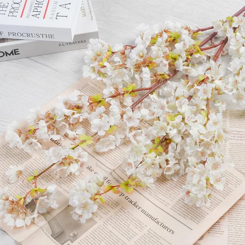 Vista 6 de Sunm Boutique 3 ramas de flor de cerezo de seda, flores artificiales de cerezo blanco, flor de cerezo blanco artificial, tallos de cerezo falsos