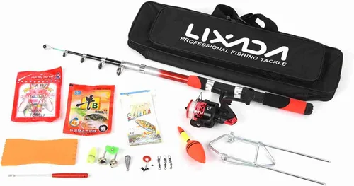 Vista 9 de Kit completo de carrete de caña de pescar con 2 cañas de pescar telescópicas de 6.9 ft, 2 carretes de señuelos de pesca ganchos accesorios bolsa