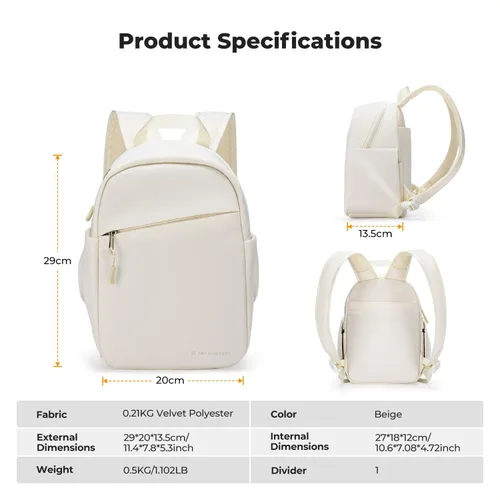 Vista 9 de K&F CONCEPT Mochila para cámara, bolsa ligera para fotógrafos, bolsa de fotografía portátil compatible con Canon/Nikon/Sony, color beige