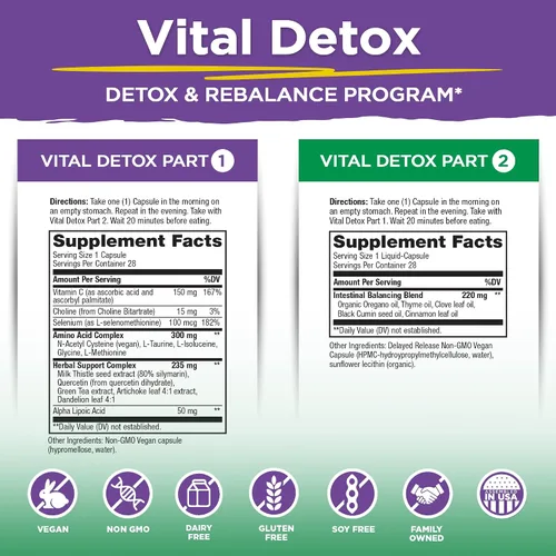 Vista 2 de Vital Planet - Vital Detox con cardo mariano, quercetina, ácido alfa lipoico, colina y hierbas, para gases ocasionales e hinchazón, apoya