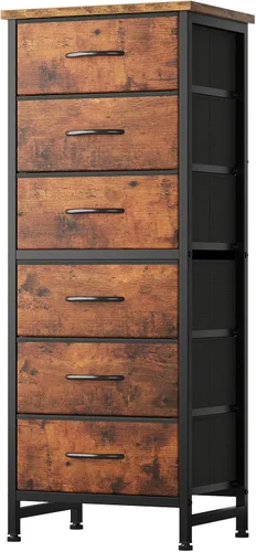 Vista 22 de Sweetcrispy Cómoda alta de tela para dormitorio, cómoda delgada de 6 cajones, torre de almacenamiento estrecha con parte superior de madera y marco