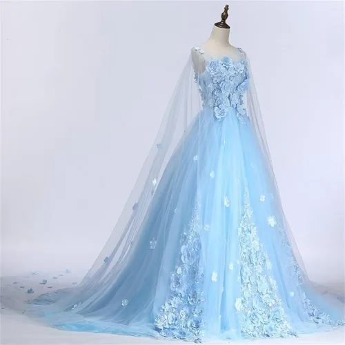 Vista 2 de YJNXHN Vestido de quinceañera floral con apliques para mujer, con capa, vestido largo de graduación, vestido formal de noche