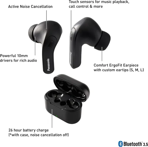 Vista 2 de Panasonic ErgoFit - Auriculares inalámbricos con cancelación de ruido, auriculares intrauditivos con graves potentes XBS, Bluetooth 5.3, estuche