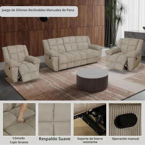 Vista 3 de Juego de sofá reclinable manual de pana extragrande para sala de estar, juego de sofá de pana con mesa desplegable y portavasos para Beige