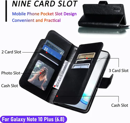 Vista 2 de Funda tipo cartera para Galaxy Note 10 Plus/Note10+ de 6.8 pulgadas [3+ ranuras para tarjetas] Funda de piel sintética plegable para tarjetas