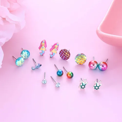 Vista 5 de Varios aretes de tuerca con temática de la vida marina del océano, juego de 30 pares, múltiples perlas de cristal, concha marina, escala de peces