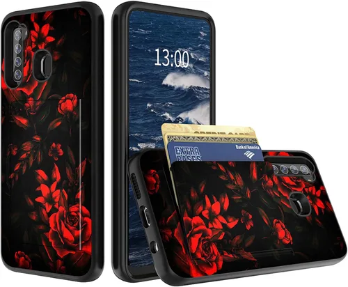 Vista 8 de Funda tipo cartera para Samsung Galaxy A21 (6.5 pulgadas), Galaxy A21 con soporte para tarjeta abatible, funda protectora de doble capa híbrida
