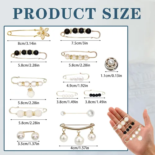 Vista 2 de 36 Pcs Pearl Brooch Pins Sweater Shawl Clip Neckline Safety Pin Faux Rhinestones Brooches for Women Clothing Dress Pants Skirt Waist Decoration