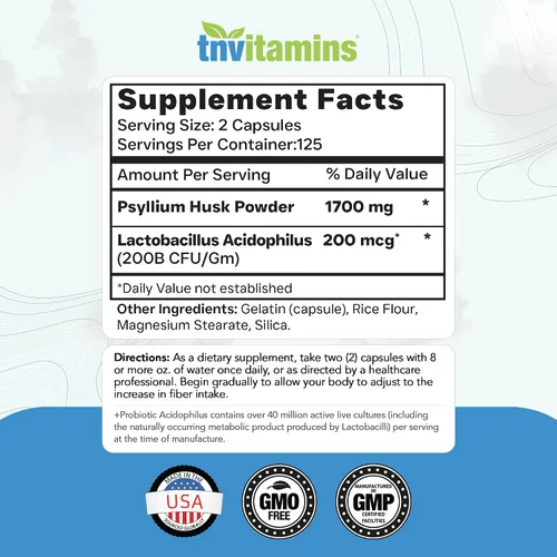 Vista 2 de tnvitamins Cápsulas de cáscara de psyllium 1700 mg - 250 cápsulas con probiótico Acidophilus Suplemento de fibra soluble y dietética extra