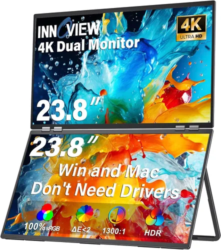 Vista 13 de InnoView Monitor Portátil Dual 4K de 15.6 pulgadas 3840x2160P 100% sRGB Owl Eye Vision - Diseño Plegable con Ajuste de Pantalla de 315°, Soporte