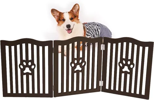 Vista 3 de Puerta para mascotas, valla de madera independiente para perros pequeños y gatos. Gran valla plegable para puertas, pasillos, escaleras. Espresso