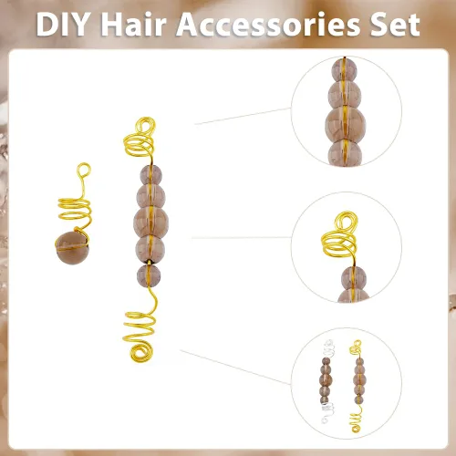 Vista 4 de SUPERFINDINGS Juego de 24 piezas de joyería para el cabello para trenzas, cuentas de vidrio color marrón rosa, dijes para el cabello, accesorios