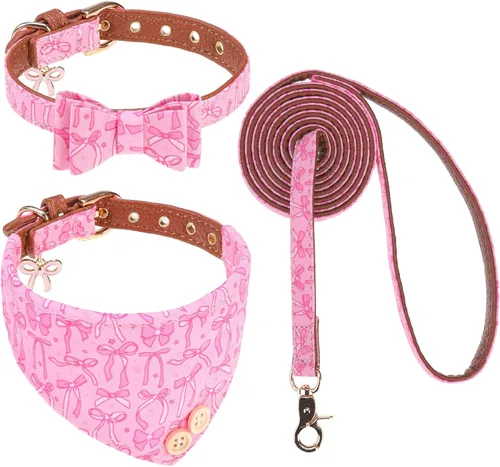 Vista 22 de EXPAWLORER Juego de collar y correa para cachorros, collar clásico a cuadros para perros pequeños con corbatín, bonito juego de collar y correa