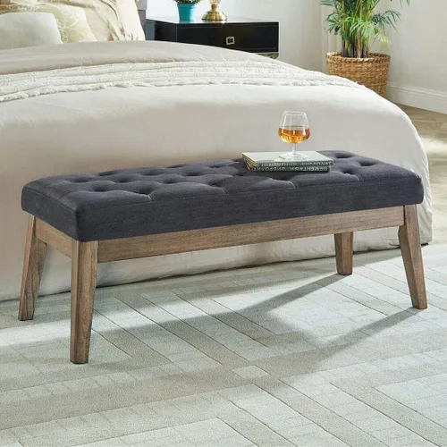 Vista 14 de 24KF Banco de entrada tapizado con botones capitoné de terciopelo con pata de madera maciza, banco de cama otomano con asiento acolchado, 5061N-Negro