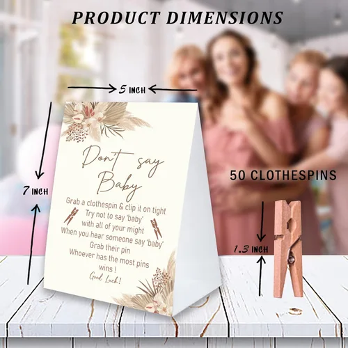 Vista 2 de Juego de pinzas para la ropa de baby shower, un cartel de papel recubierto de 5 x 7 pulgadas y 50 pinzas naturales para la ropa, baby shower