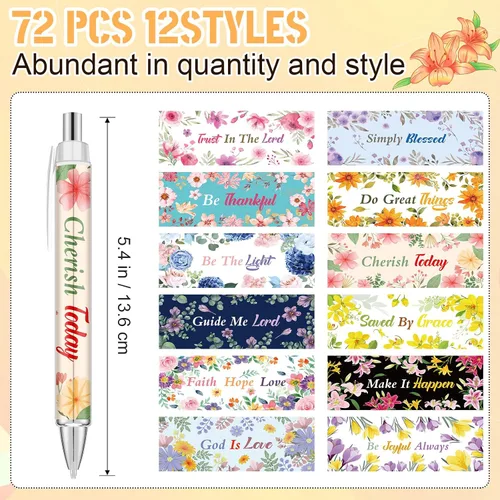Vista 2 de Jutom 72 bolígrafos con versículo bíblico, bolígrafos de flores cristianas, bolígrafos con citas inspiradoras, bolígrafos retráctiles de tinta negra