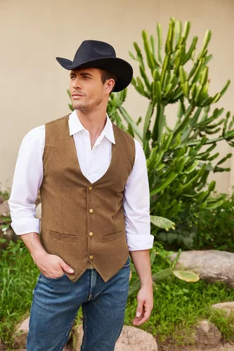 Vista 3 de COOFANDY Chaleco de traje de cuero de gamuza para hombre, chaleco occidental casual, chaleco ajustado