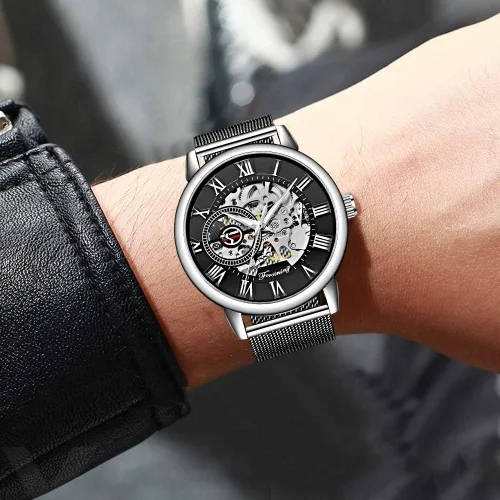 Vista 7 de Dentily Reloj de esqueleto para hombre clásico con número romano Steampunk Reloj mecánico Relojes de viento para hombre (azul)