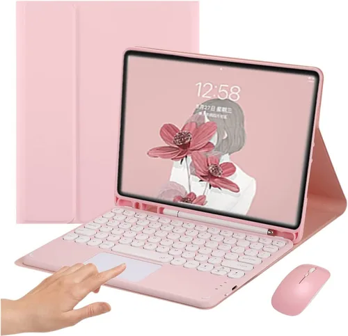 Vista 9 de Funda de teclado con panel táctil para iPad 6 iPad 5 Air 2 Pro de 9.7 pulgadas con teclado táctil retro de teclas redondas con ratón, teclado