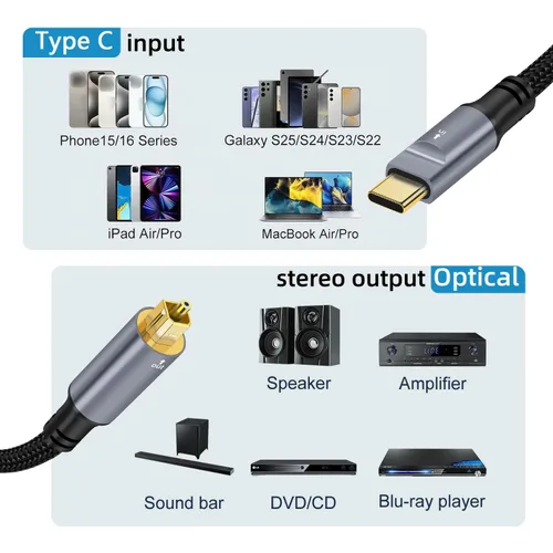 Vista 2 de Cable de audio óptico USB C a Toslink, puerto USB C unidireccional a SPDIF, cable de audio estéreo óptico digital macho para smartphone, tableta