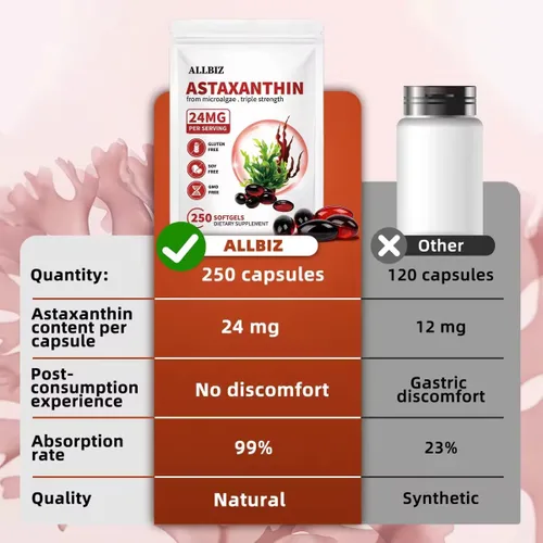 Vista 2 de ALLBIZ Astaxantina 24 mg 250 cápsulas blandas Suministro para 250 días Suplemento antioxidante premium que apoya la salud de los ojos