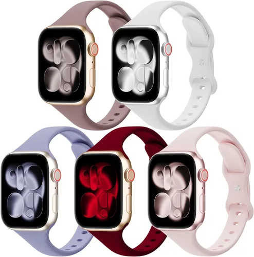 Vista 12 de Paquete de 5 bandas de silicona delgadas compatibles con Apple Watch de 38mm 42mm 40mm 44mm 41mm 45mm 46mm 49mm, correa deportiva estrecha y delgada