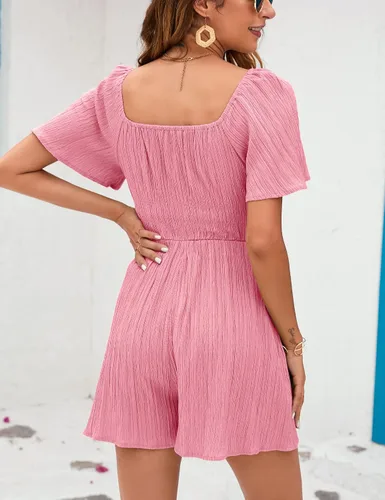 Vista 6 de KOJOOIN Women's Short Sleeve Square Neck Short Romper Off Shoulder Flutter Sleeve Wide Leg Mini Rompers