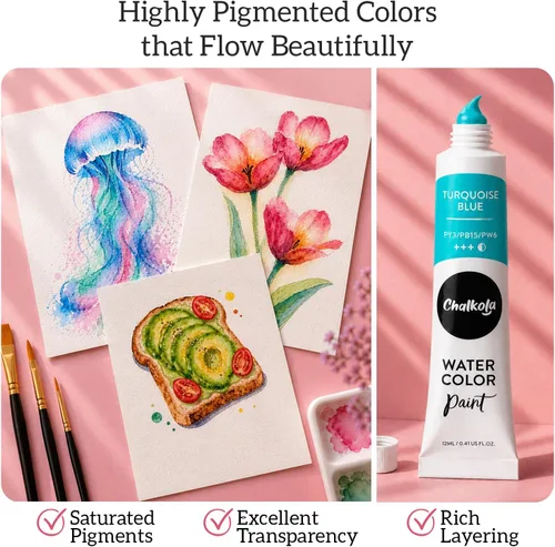 Vista 4 de Chalkola - Set de pintura de acuarela para adultos, niños, artistas principiantes y profesionales - Juego de 36 tubos de acuarela (12ml, 0.4oz), 10