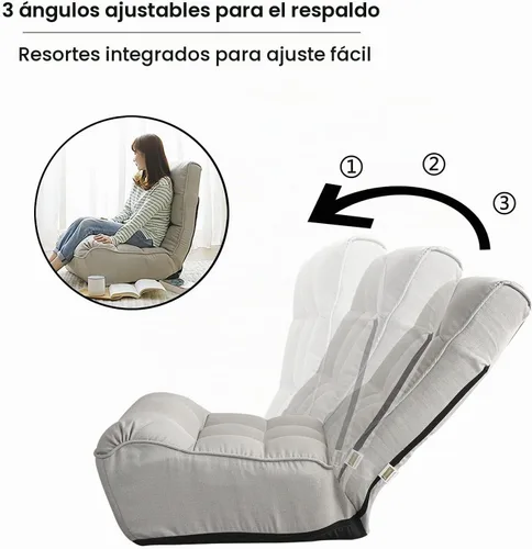 Vista 4 de Chaise Sillón de descanso interiores. Silla de piso ajustable de 3 ángulos. Sillón de sofá plegable para adolescentes y adultos. Silla cómoda