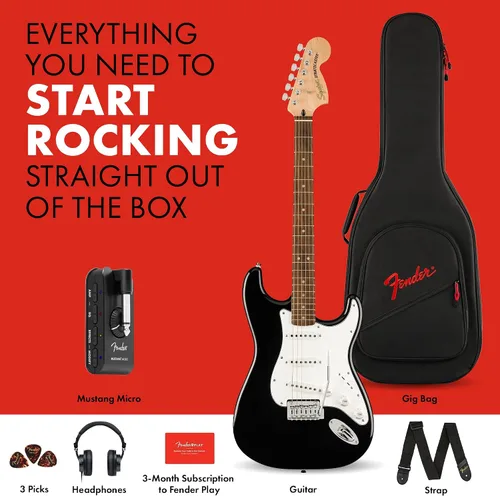 Vista 5 de Fender Affinity Series Stratocaster Mustang Micro Pack, diapasón de laurel, negro, bolsa de concierto, HD9, EE. UU., CA, UE, AU, JP
