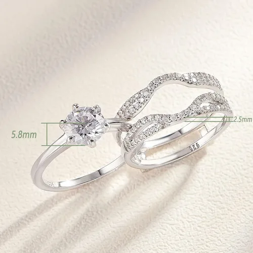 Vista 6 de Wuziwen Anillos de boda para mujer juego de anillos de compromiso redondos con circonita cúbica y solitario plata de ley talla 4-13 Piedra Zirconia