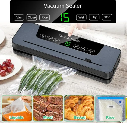 Vista 2 de Sellador al vacío para alimentos, 50 bolsas de almacenamiento al vacío, selladores de alimentos 5 en 1, cortador inteligente de sellado de cocina