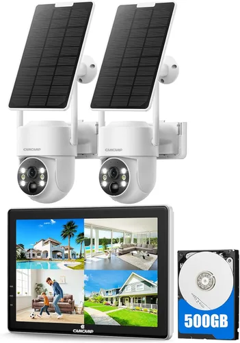 Vista 10 de Camcamp Solar Security Cameras Wireless Outdoor with 10" Monitor, 4 Cam Kit 100% Wire-Free, 360° View, Pan & Tilt, Solar-Powered, 10CH NVR, 2.4 &