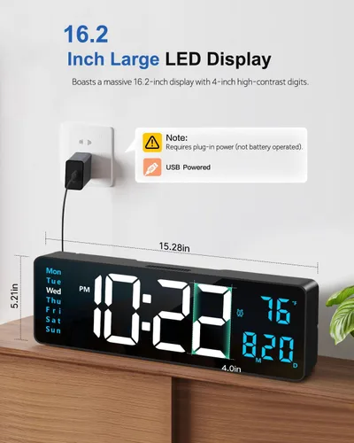 Vista 8 de Reloj de pared digital, reloj digital de pantalla grande de 40 cm con luz nocturna, reloj de pared con DST, alarma, LED, fecha, semana, temperatura