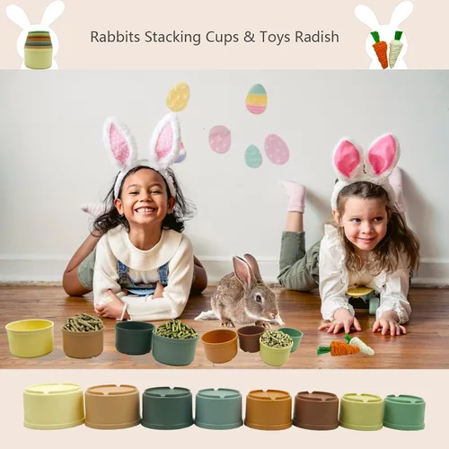 Vista 2 de KYHSOM 8 tazas apilables para conejos – 2 juguetes de conejo de rábano – diferentes tamaños y colores de tazas apilables reutilizables de conejo