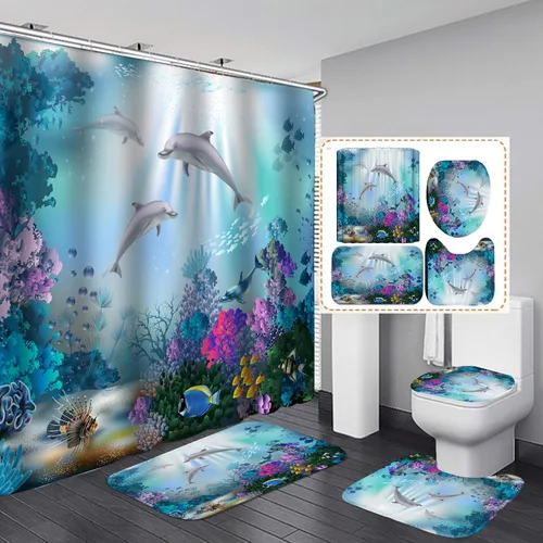 Vista 10 de OLEBETY - Juego de 4 cortinas de ducha con diseño de delfín, medusas de peces tropicales, algas marinas, vida marina, animales marinos, decoración