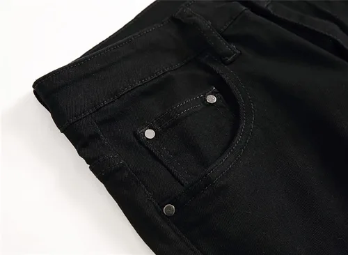 Vista 3 de Glstbv Pantalones de mezclilla ajustados de hip hop con agujeros rasgados para hombre, elásticos, ajustados y desgastados