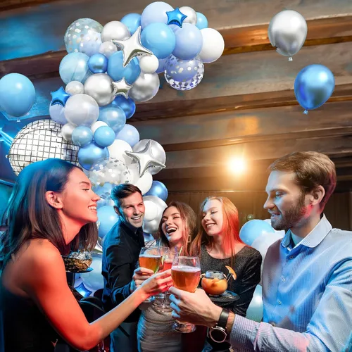 Vista 6 de Kit de arco de globos azules, guirnalda de globos azules y blancos con globos de bola de discoteca de 22 pulgadas, globos metálicos de papel de Azul