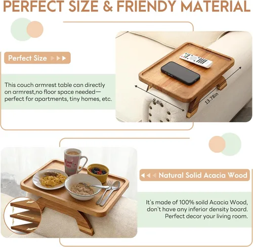 Vista 4 de SINWANT Mesa de Brazo para Sofá, Bandeja de Reposabrazos de Madera de Acacia para Sofá, 13.78" Bandejas Plegables de Reposabrazos de Sofá