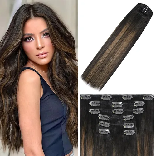 Vista 48 de WindTouch - Extensiones de cabello humano liso con pinzas, color negro azabache, 2.47 onzas, N.° 1, 12 pulgadas, 7