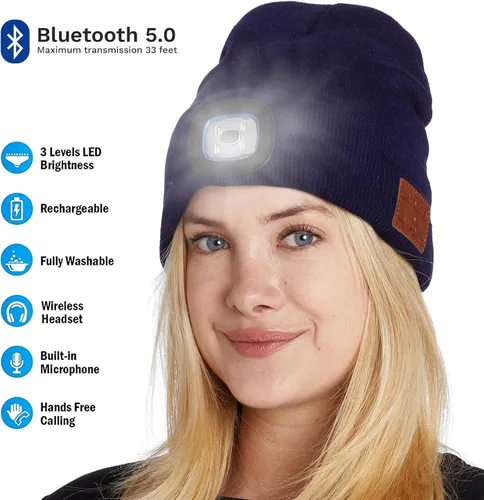 Vista 3 de BLACK DECK Gorro unisex LED Bluetooth Faro LED y auriculares estéreo inalámbricos compatibles con todos los dispositivos Bluetooth