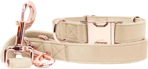 Vista 11 de Juego de collar y correa de cuero suave para perro (6.6 pies), elegante hebilla de metal resistente de oro rosa, correa de 4 longitudes ajustables