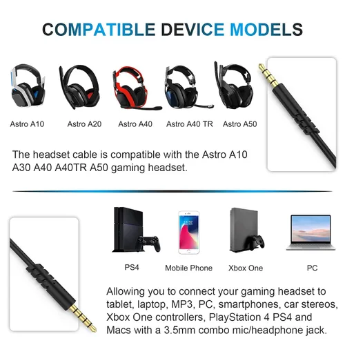 Vista 2 de Cable de auriculares A10 con control de volumen compatible con auriculares Astro A50, A40, A40 TR, A30, A20, A10 para juegos para PS4, PS5, Xbox