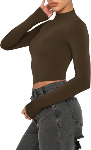 Vista 2 de REORIA Camisetas ajustadas de manga larga con cuello alto falso para mujer