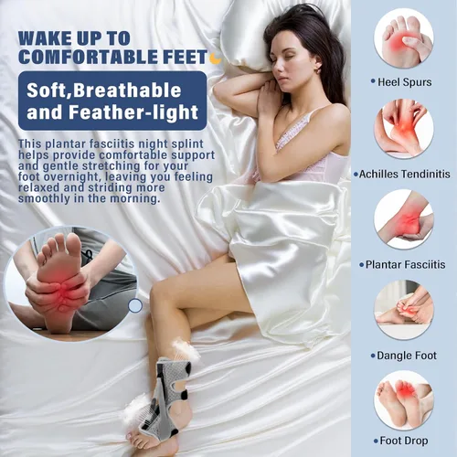 Vista 2 de Férula nocturna para fascitis plantar, diseño mejorado con 3 correas ajustables para tendinitis de Aquiles para aliviar la fascitis plantar